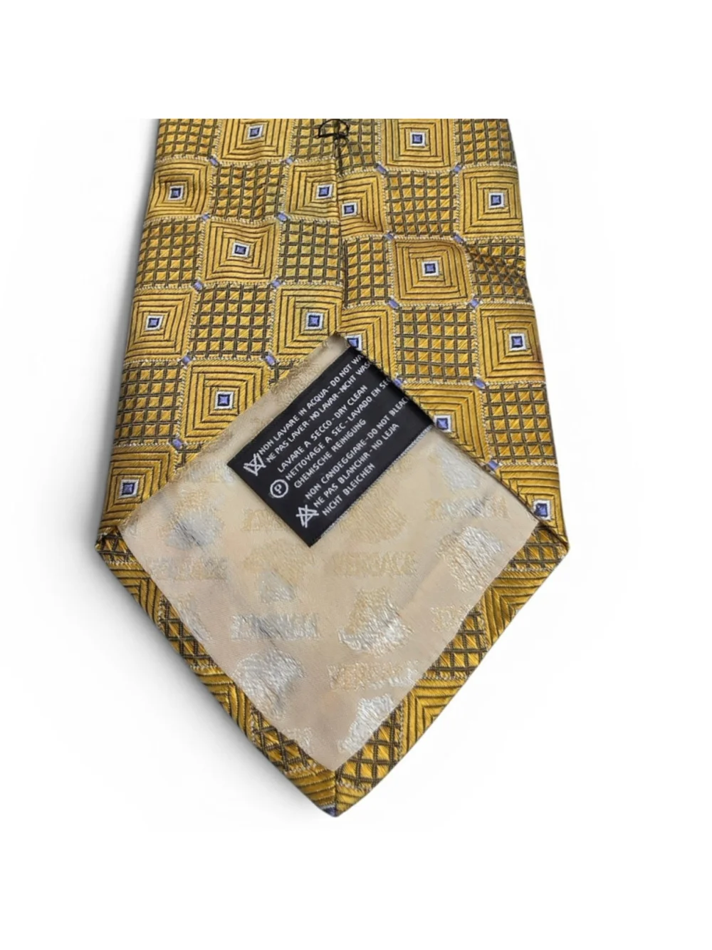 Versace Geometric Silk Necktie Gold Blue Squares Luxury Made In Italy